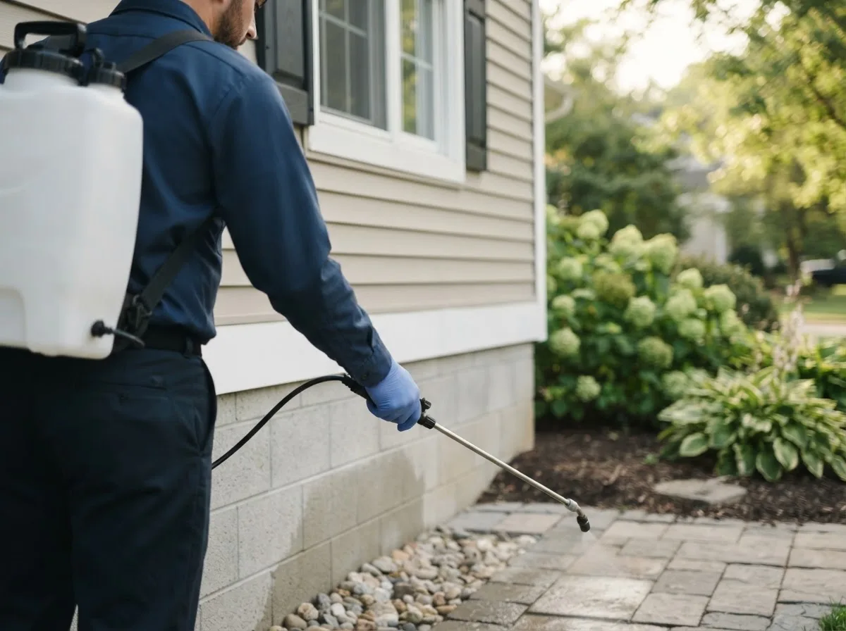 Pest control technician inspecting a home in Energy, TX